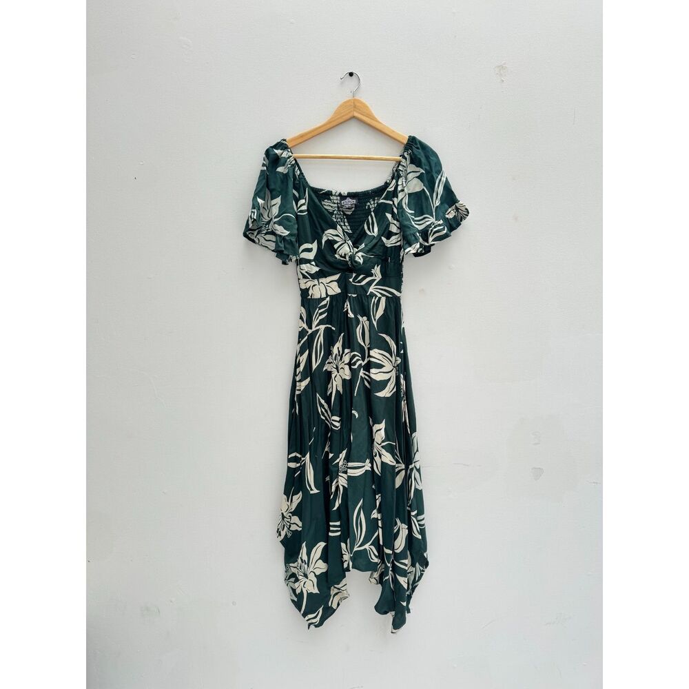 Angie Green Tropical Floral Handkerchief Hem Wrap Dress Rayon Sz S